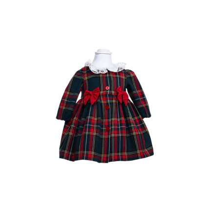 Abito tartan Marlù con colletto in pizzo bianco e fiocchi rossi in vita
