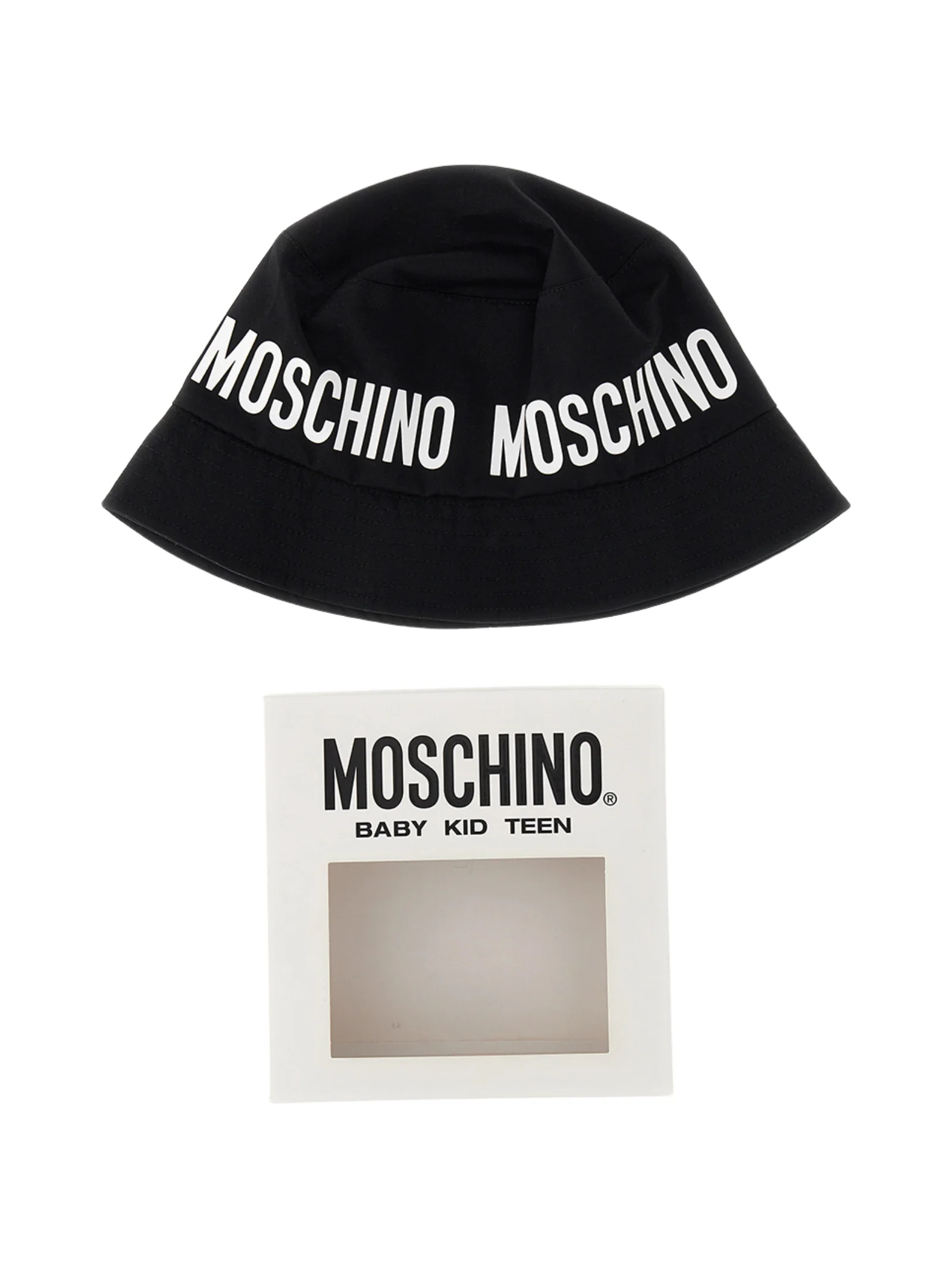 Cappellino pescatore Moschino nero con logo frontale e posteriore