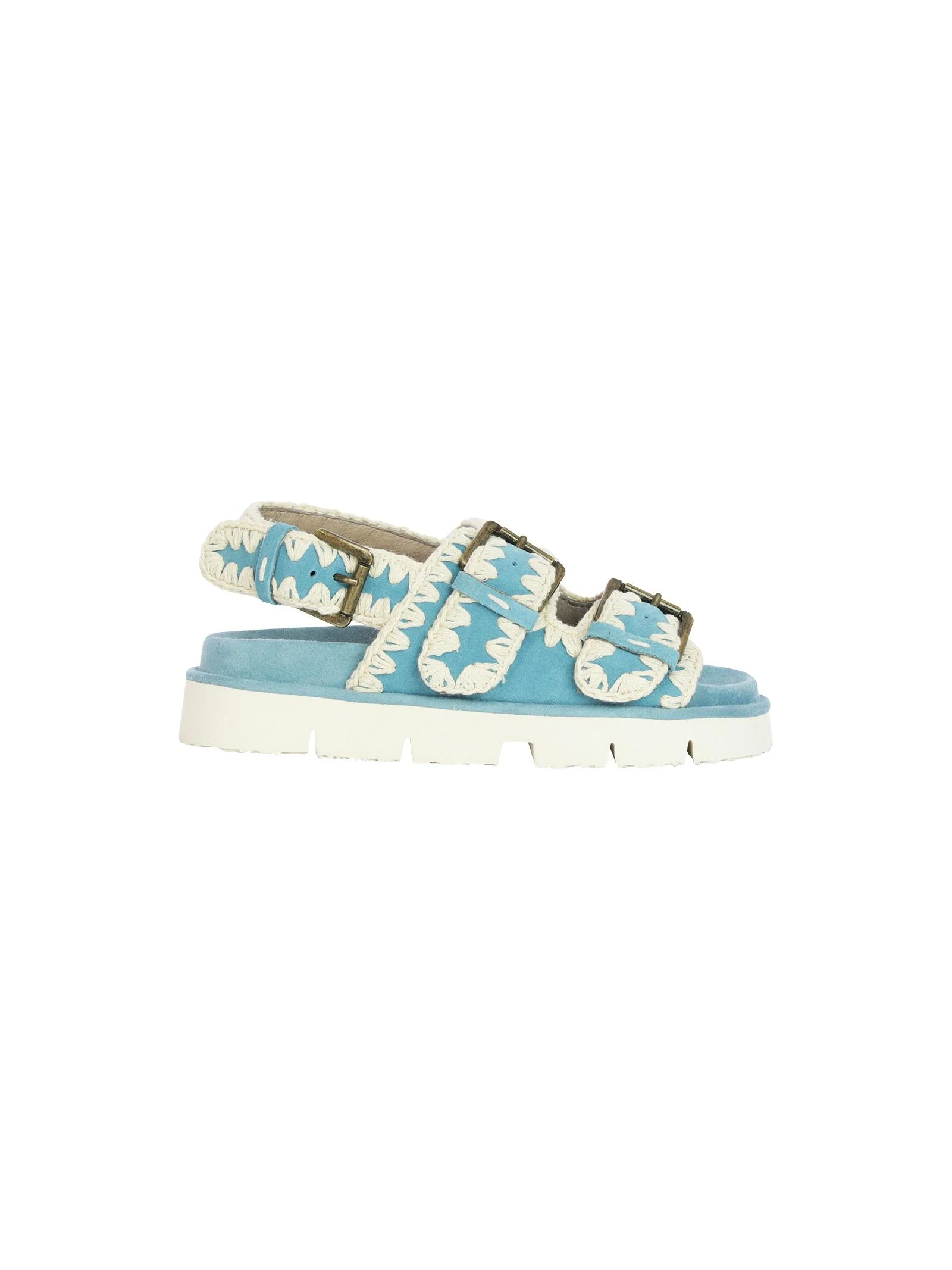 Sandali azzurri e bianchi con fibbie metalliche