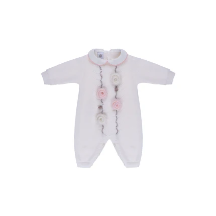 Tutina in tricot Marlù rosa e panna con ricamo florale in rilievo